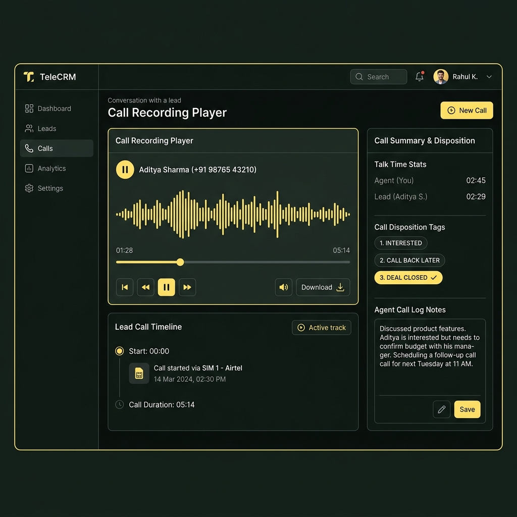 Call recording attached to a lead in TeleCRM